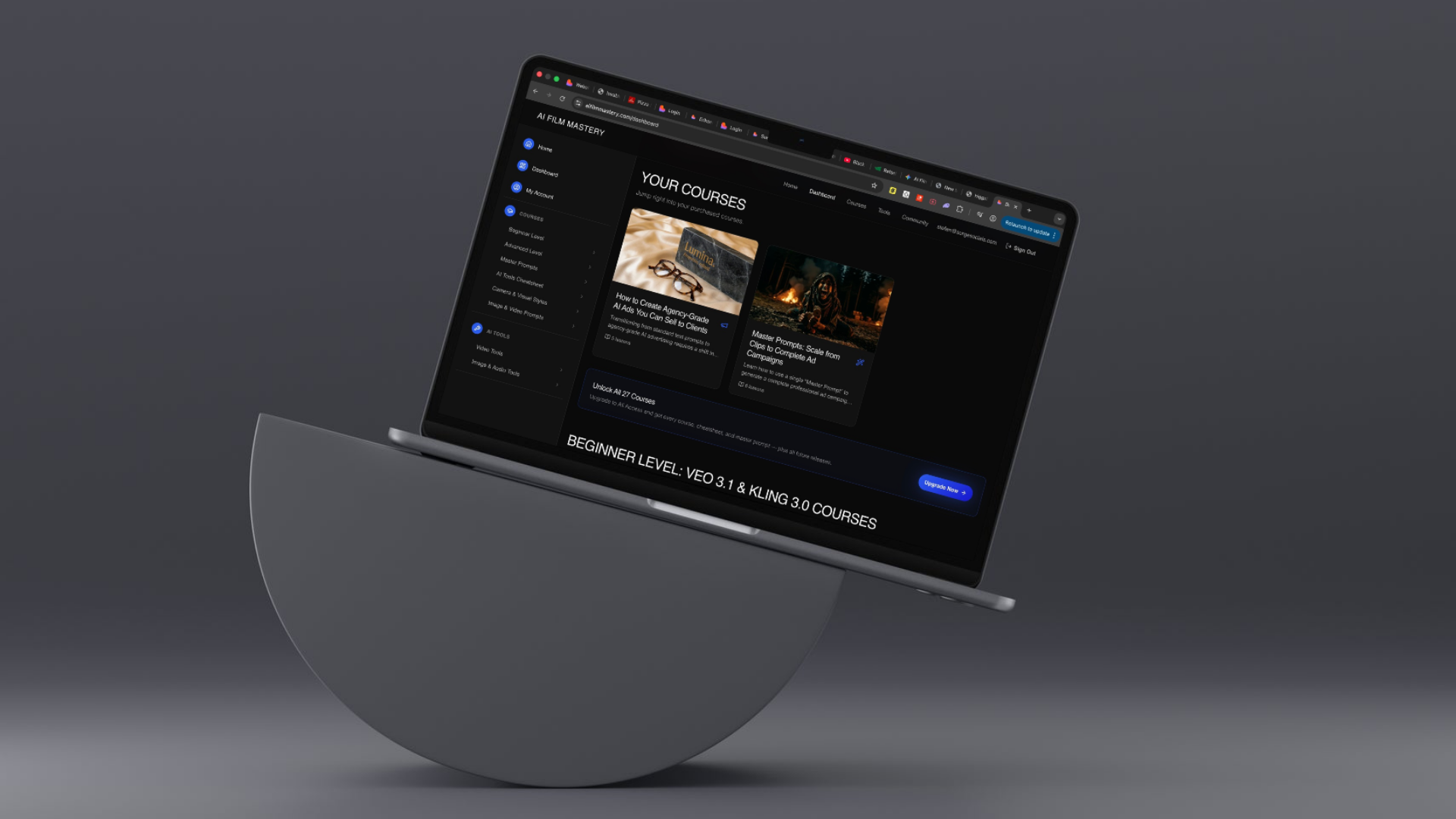 AI Film Mastery — Your Courses dashboard with purchased course and upgrade prompt