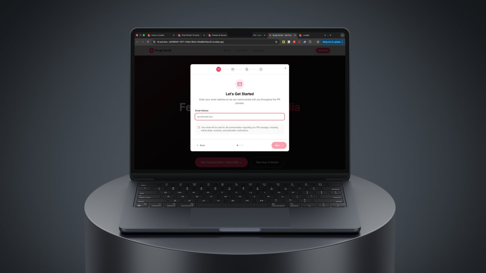 Surge Social — guided email step in onboarding modal