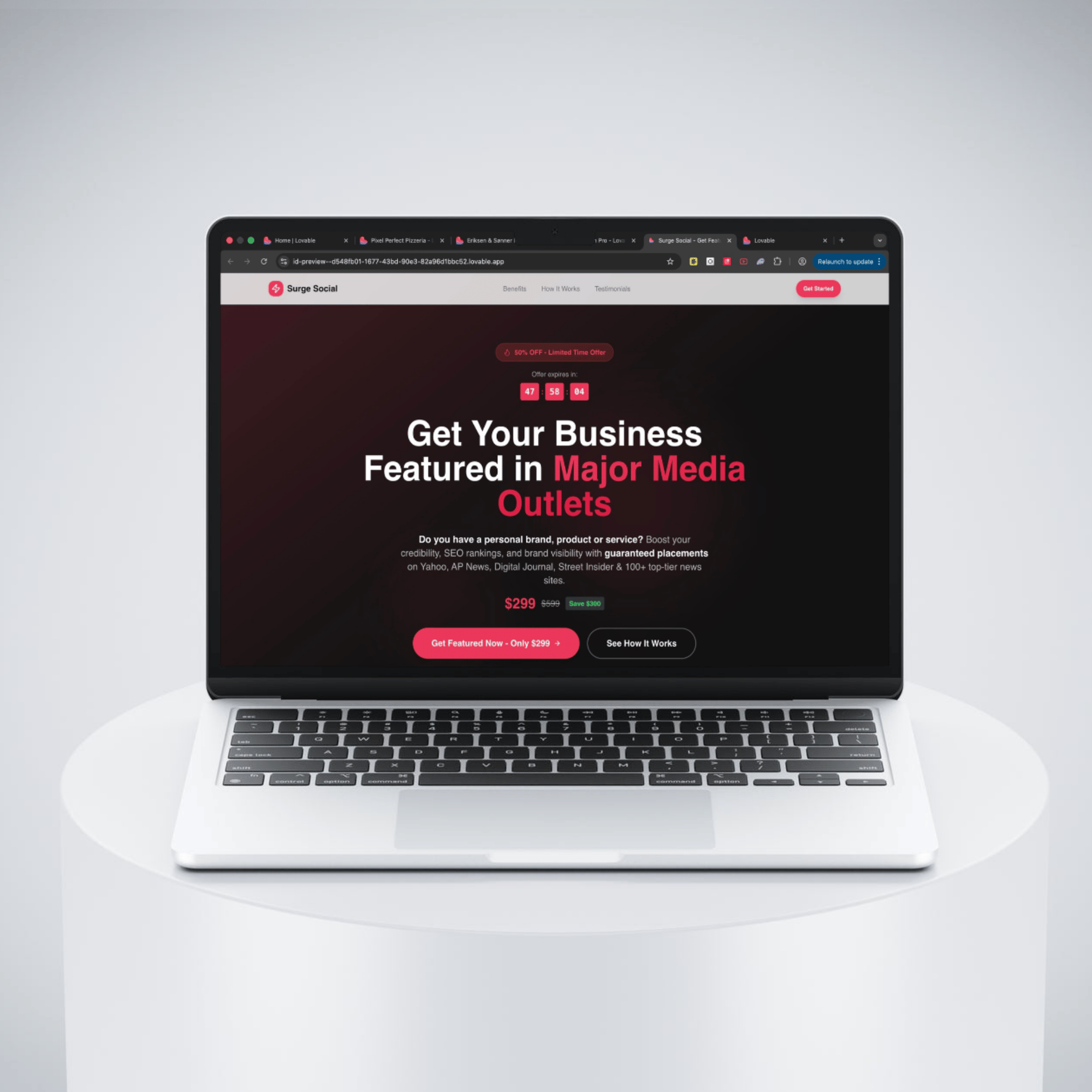 Surge Social — homepage hero shown on a laptop